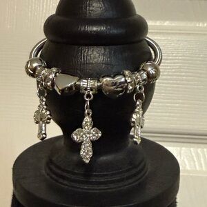 New Silver Rhinestoned Charm Bracelet with Cross Pendants